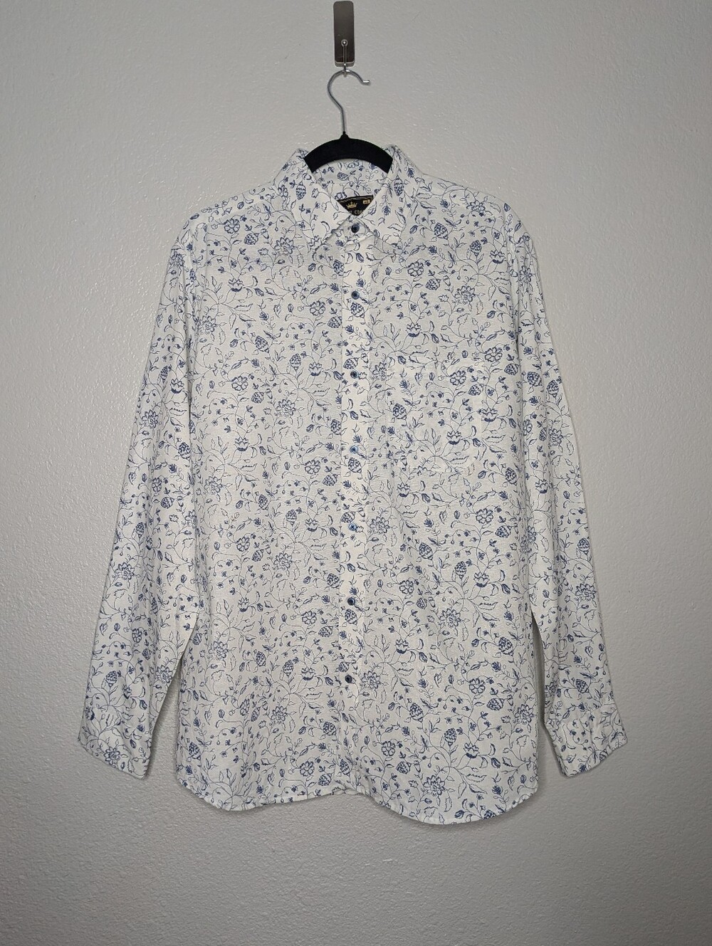 French Crown Men White Blue Office Formal Floral Button Down Shirt 42 L